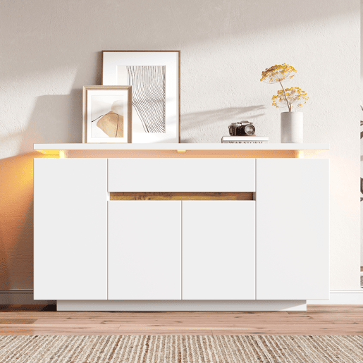 Aparador de painel de partÃculas com 4 portas,1 gaveta e luz led,branco Aparador de painel de partÃculas com 4 portas,1 gaveta e luz led,branco