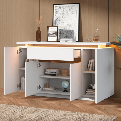 Aparador de painel de partÃculas com 4 portas,1 gaveta e luz led,branco Aparador de painel de partÃculas com 4 portas,1 gaveta e luz led,branco
