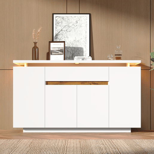 Aparador de painel de partÃculas com 4 portas,1 gaveta e luz led,branco Aparador de painel de partÃculas com 4 portas,1 gaveta e luz led,branco