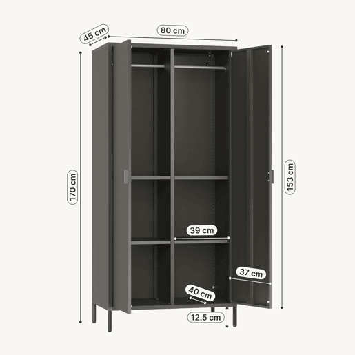 Roupeiro Esteli 2 varões 4 prateleiras reguláveis aço 170x80x45 cm Preto en.casa