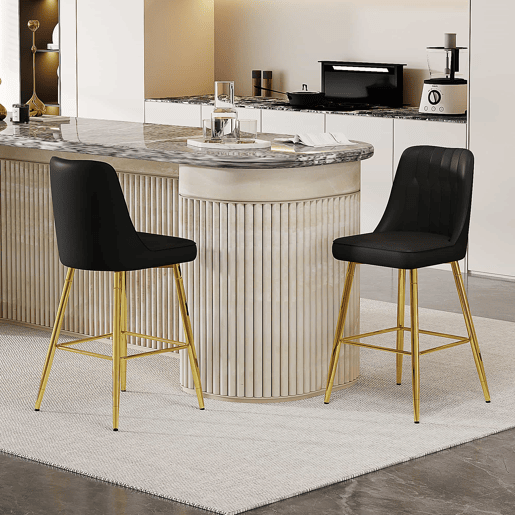 Conjunto de 2 bancos de bar 100 cm - Couro PU preto com estrutura metálica prateada e apoio para os pés confortável - Preto e dourado