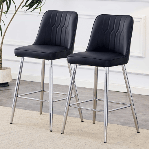 Conjunto de 2 bancos de bar, 100 cm - Couro sintético preto com estrutura metálica prateada - Ideal para balcão de casa