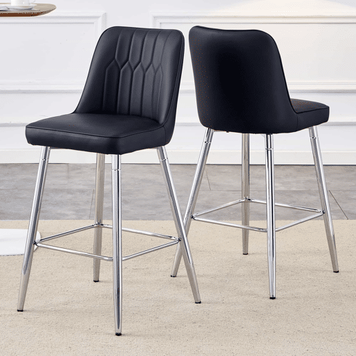Conjunto de 2 bancos de bar, 100 cm - Couro sintético preto com estrutura metálica prateada - Ideal para balcão de casa