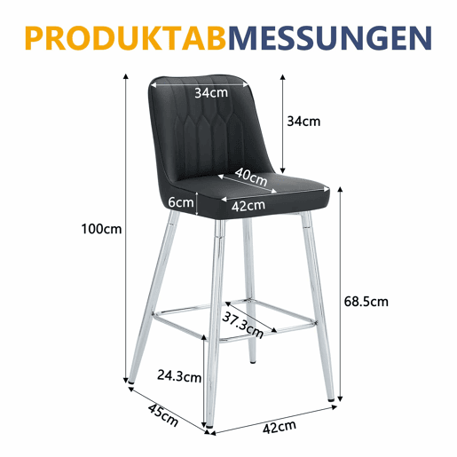 Conjunto de 2 bancos de bar, 100 cm - Couro sintético preto com estrutura metálica prateada - Ideal para balcão de casa