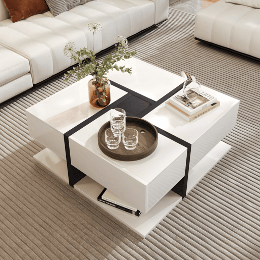Mesa de centro - 4 gavetas - espaço de arrumação na parte inferior - 78x78x36cm - Preto e branco