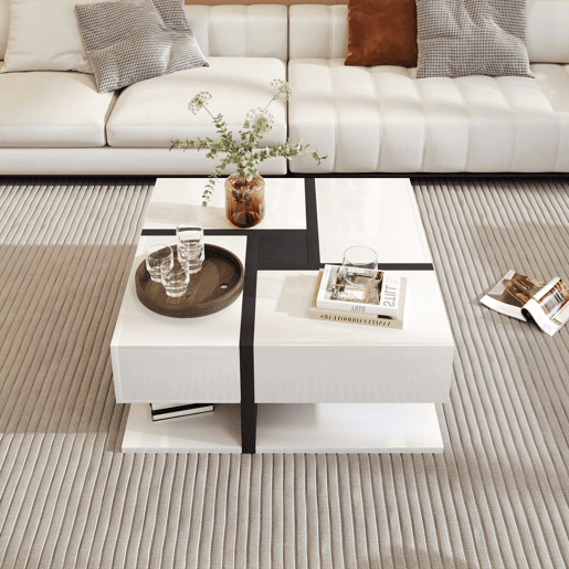 Mesa de centro - 4 gavetas - espaço de arrumação na parte inferior - 78x78x36cm - Preto e branco