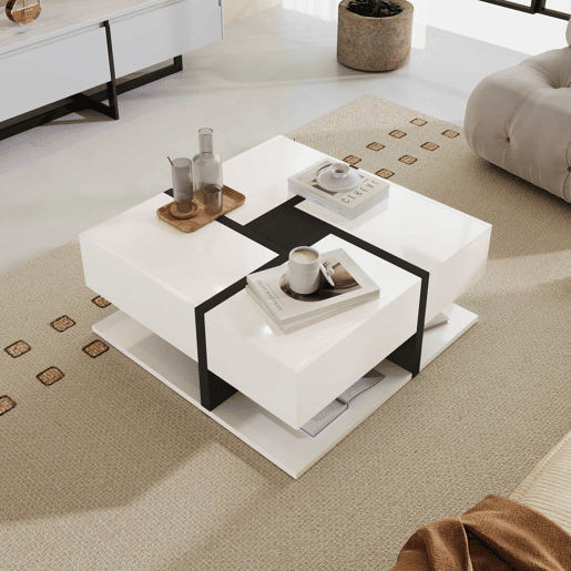 Mesa de centro - 4 gavetas - espaço de arrumação na parte inferior - 78x78x36cm - Preto e branco