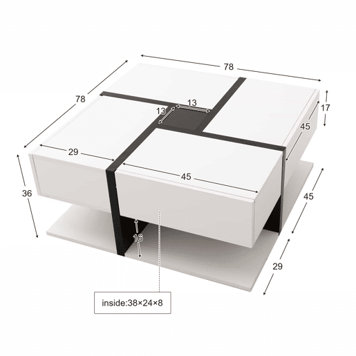 Mesa de centro - 4 gavetas - espaço de arrumação na parte inferior - 78x78x36cm - Preto e branco
