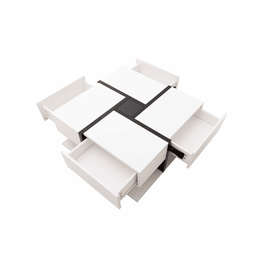 Mesa de centro - 4 gavetas - espaço de arrumação na parte inferior - 78x78x36cm - Preto e branco