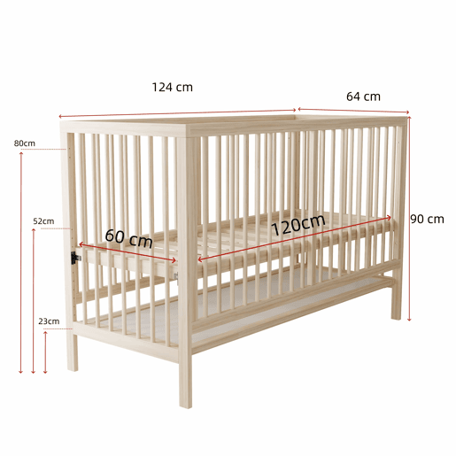 Berço de madeira multifuncional 120x60x90 cm - convertível em berço de co-leito, secretária e cavalete, altura ajustável, madeira de pinho - Natural
