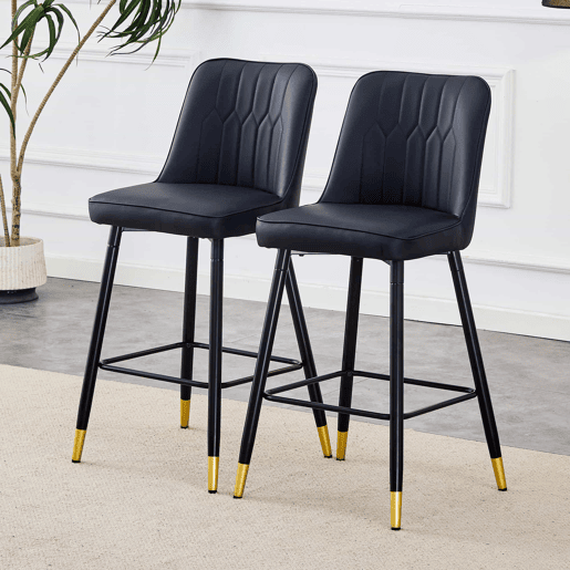 Conjunto de 2 bancos de bar, 100 cm - Couro PU preto, estrutura metálica preta, apoio para os pés confortável - Preto