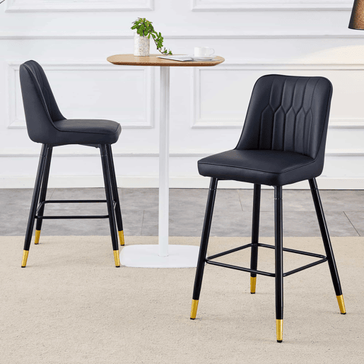 Conjunto de 2 bancos de bar, 100 cm - Couro PU preto, estrutura metálica preta, apoio para os pés confortável - Preto