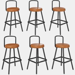 Banco de bar (6 unidades) - encosto ergonómico, couro PU resistente à água, pernas de ferro, apoio para os pés - castanho