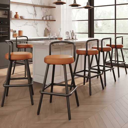 Banco de bar (6 unidades) - encosto ergonómico, couro PU resistente à água, pernas de ferro, apoio para os pés - castanho