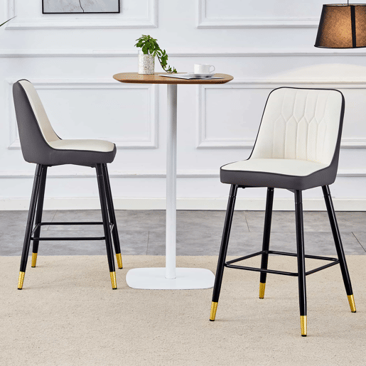 Conjunto de 2 bancos de bar 100 cm - couro PU, base metálica preta, apoio para os pés confortável - Cinza escuro, Branco+Prata