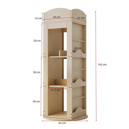 Estante giratória 142x63x63 cm - 4 níveis, multifuncional, 360° - Natural