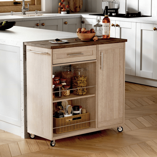 Carrinho de cozinha com rodas 90x40x90 cm - bancada com efeito de madeira, gaveta, armário, prateleiras abertas, toalheiro e rodas com travão - cor natural Sonoma carvalho