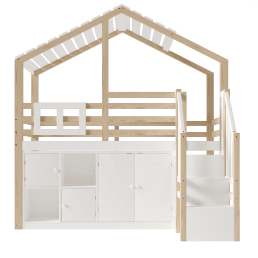 Cama loft 90x200 cm - Em forma de casa, barreira de cama, vários compartimentos, escada de arrumação, janela - Branco + Natural Cama loft 90x200 cm - Em forma de casa, barreira de cama, vários compartimentos, escada de arrumação, janela - Branco + Natural