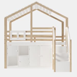 Cama loft 90x200 cm - Em forma de casa, barreira de cama, vários compartimentos, escada de arrumação, janela - Branco + Natural