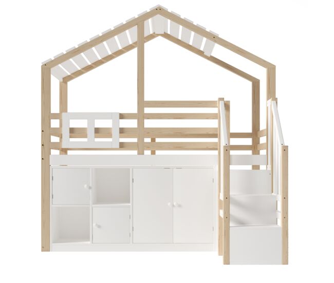 Cama loft 90x200 cm - forma de casa, barrera de cama, varios compartimentos, escalera de almacenamiento, ventana - blanco + natural