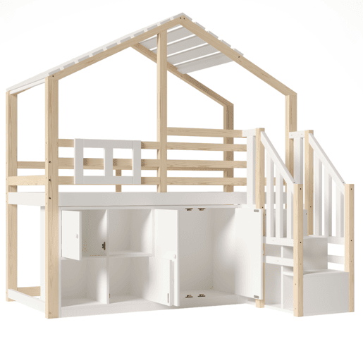 Cama loft 90x200 cm - Em forma de casa, barreira de cama, vários compartimentos, escada de arrumação, janela - Branco + Natural Cama loft 90x200 cm - Em forma de casa, barreira de cama, vários compartimentos, escada de arrumação, janela - Branco + Natural