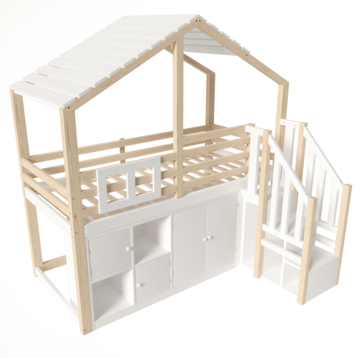 Cama loft 90x200 cm - Em forma de casa, barreira de cama, vários compartimentos, escada de arrumação, janela - Branco + Natural Cama loft 90x200 cm - Em forma de casa, barreira de cama, vários compartimentos, escada de arrumação, janela - Branco + Natural