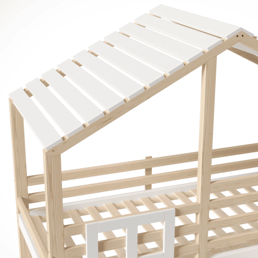 Cama loft 90x200 cm - Em forma de casa, barreira de cama, vários compartimentos, escada de arrumação, janela - Branco + Natural Cama loft 90x200 cm - Em forma de casa, barreira de cama, vários compartimentos, escada de arrumação, janela - Branco + Natural