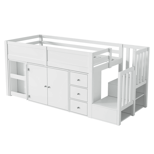 Cama alta infantil + 90*200 - multifuncional, secretária extensível, prateleira lateral, armário, gaveta, escada com armário - Branco