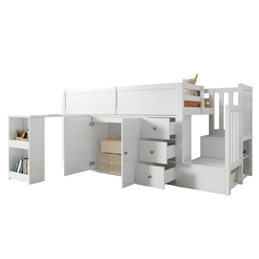 Cama alta infantil + 90*200 - multifuncional, secretária extensível, prateleira lateral, armário, gaveta, escada com armário - Branco