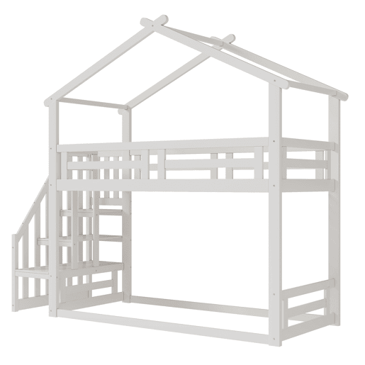 Cama infantil 90x200 cm - Beliche baixo com escada de segurança, estrutura em madeira maciça - Branco