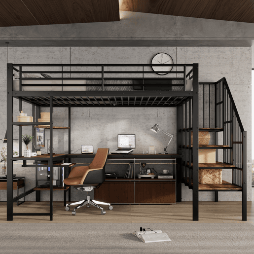 Cama loft 120x200 cm - Com porta de carregamento, escada confortável e segura, área de secretária - Preto + Nogueira escura