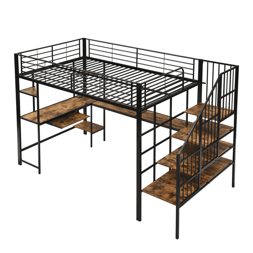 Cama loft 120x200 cm - Com porta de carregamento, escada confortável e segura, área de secretária - Preto + Nogueira escura