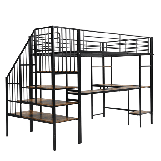 Cama loft 120x200 cm - Com porta de carregamento, escada confortável e segura, área de secretária - Preto + Nogueira escura