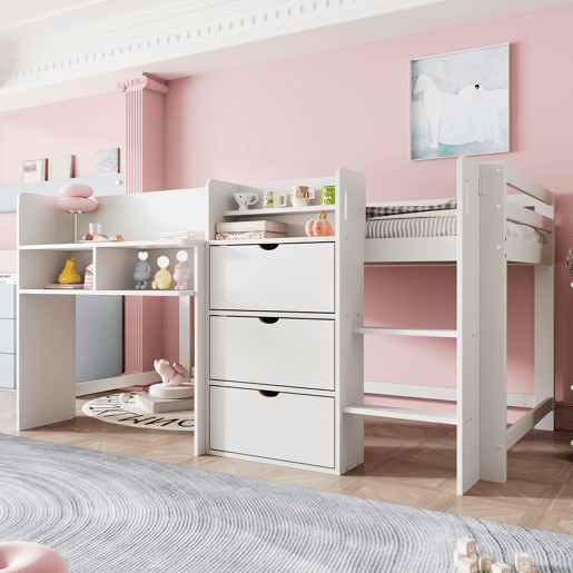 Cama semi-alta 90x200 cm - Casa, vários compartimentos de arrumação, área de entretenimento, branca