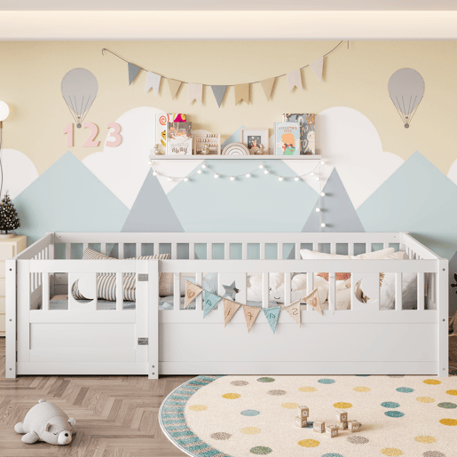 Cama infantil 90x190 cm - Com grades, decoração de estrelas e lua - Branco Cama infantil 90x190 cm - Com grades, decoração de estrelas e lua - Branco