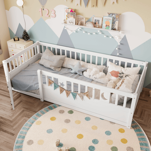 Cama infantil 90x190 cm - Com grades, decoração de estrelas e lua - Branco Cama infantil 90x190 cm - Com grades, decoração de estrelas e lua - Branco