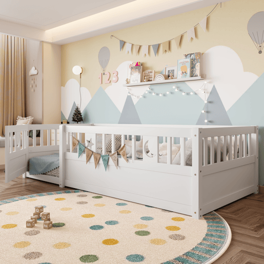 Cama infantil 90x190 cm - Com grades, decoração de estrelas e lua - Branco Cama infantil 90x190 cm - Com grades, decoração de estrelas e lua - Branco