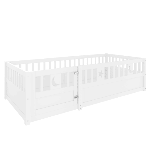 Cama infantil 90x190 cm - Com grades, decoração de estrelas e lua - Branco Cama infantil 90x190 cm - Com grades, decoração de estrelas e lua - Branco
