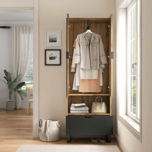 Roupeiro com gaveta e compartimento - com varão para roupa - Natural Roupeiro com gaveta e compartimento - com varão para roupa - Natural