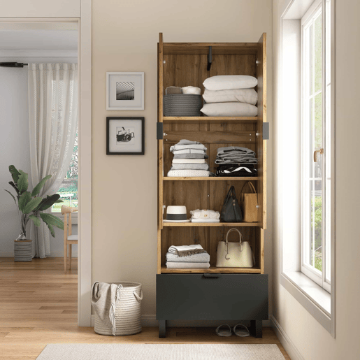 Roupeiro com gaveta e compartimento - com varão para roupa - Natural Roupeiro com gaveta e compartimento - com varão para roupa - Natural