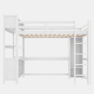 Cama alta 140x200 cm - Estantes, vários compartimentos, secretária, armário - Branco