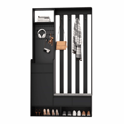 Cabideiro com banco acolchoado 180x100x35 cm - sapateira multifuncional com painel perfurado e 4 ganchos - preto