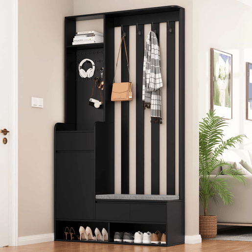 Cabideiro com banco acolchoado 180x100x35 cm - sapateira multifuncional com painel perfurado e 4 ganchos - preto