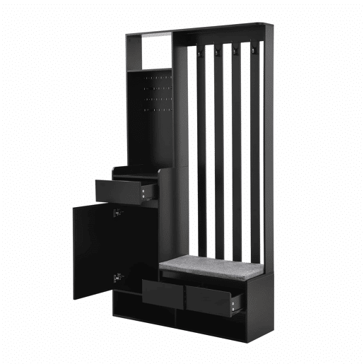 Cabideiro com banco acolchoado 180x100x35 cm - sapateira multifuncional com painel perfurado e 4 ganchos - preto
