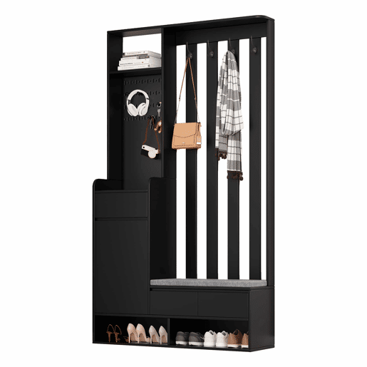 Cabideiro com banco acolchoado 180x100x35 cm - sapateira multifuncional com painel perfurado e 4 ganchos - preto