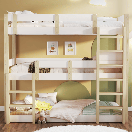 Beliche triplo 90x190 cm - para crianças, adolescentes e adultos, design robusto e seguro - Branco e natural
