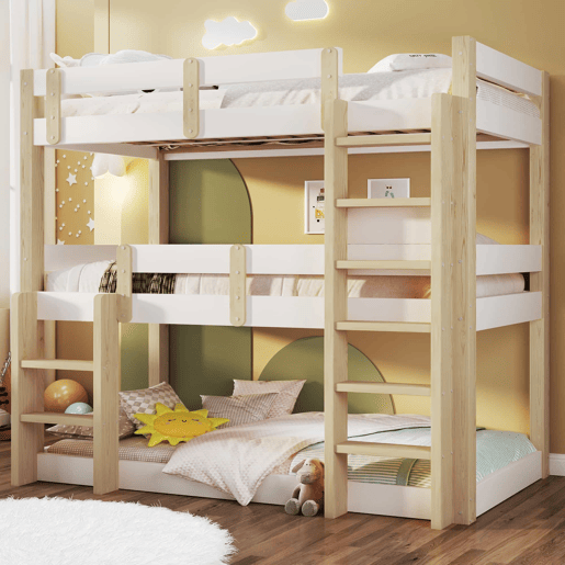Beliche triplo 90x190 cm - para crianças, adolescentes e adultos, design robusto e seguro - Branco e natural
