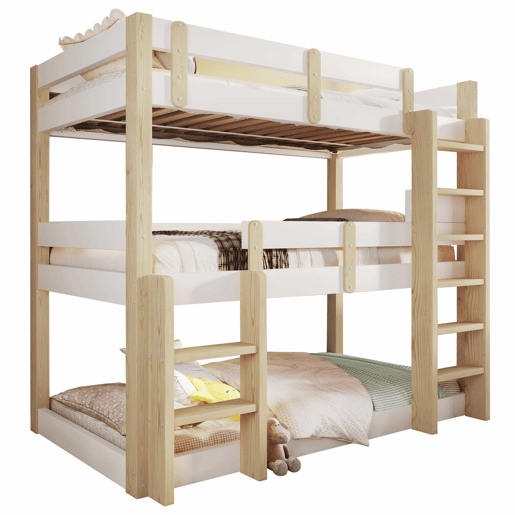 Beliche triplo 90x190 cm - para crianças, adolescentes e adultos, design robusto e seguro - Branco e natural