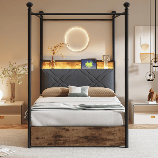 Cama multifuncional 90x190 - com arrumação, duas gavetas, duas portas USBType-C - Preto