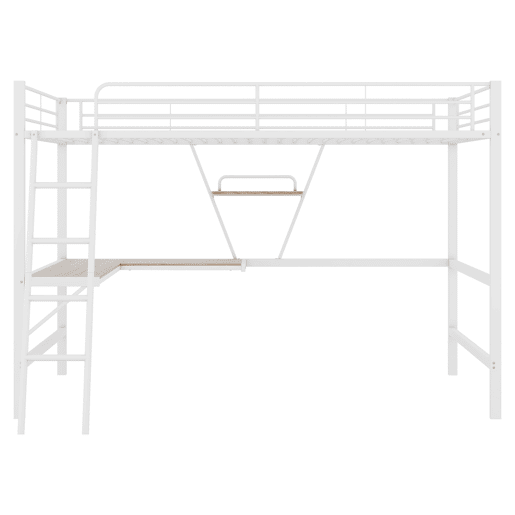 Cama alta 90x200 cm - Estrutura metálica, secretária em L, estante, sem colchão, branca